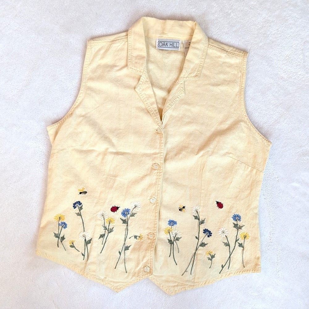 Oak Hill Floral Ladybug Cotton Cottagecore Vest Yellow Flower Buttons S